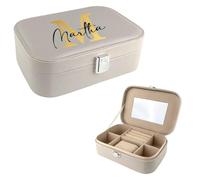AWASG Schmuckkästchen personalisiert klein, Schmuckbox Reise Damen Mädchen, Schmuckschatulle Buchstabe Name mit Spiegel grau M (20 x 13,5 x 6,5 cm)