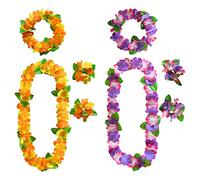 AWCIGG Hawaii Kette Set, Gelb Grün Violett Rosa Hawaii Blumenkette Stirnband und Armband, Blumenkette mit Grünen Blättern, Hohe Dichte Hawaii Kette Blumen, Hawaii Luau Beach Party Dekorations