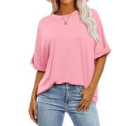 Awemeal Damen Sommer Oversize T-Shirt Kurzarm Rundhals Basic Tshirt Oberteil Einfarbig Tee Shirts Bluse Locker Top Blusenshirt Casual Sport Urlaub Trendige Modekleidung (XL, Rosa)