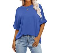 Awemeal Damen Sommer Oversize T-Shirt Kurzarm Rundhals Basic Tshirt Oberteil Einfarbig Tee Shirts Bluse Locker Top Blusenshirt Casual Sport Urlaub Trendige Modekleidung (XL, Blau)