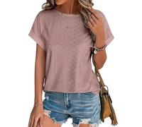 Awemeal T-Shirt Damen Kurzarm Rundhals Elegant Lochstickerei Oberteil Bluse Sommer Casual Blusenshirt Top Einfarbig Tee Shirts Tunika (S, Rosa)
