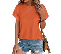 Awemeal T-Shirt Damen Kurzarm Rundhals Elegant Lochstickerei Oberteil Bluse Sommer Casual Blusenshirt Top Einfarbig Tee Shirts Tunika (L, Orange)