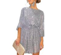 AWJUWHBJ Damen Puffkleid, langärmelig, Rundhalsausschnitt, einfarbig, glitzernde Pailletten, lockere Passform, Abendkleid, kurzes Kleid mit Gürtel, langärmeliges Kleid für Damen, Silbergrau, XL