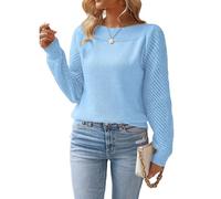 AWJUWHBJ Leichter, strukturierter Strickpullover für Damen, atmungsaktiver Stoff, mit Aushöhlung, langärmelig, Rundhalsausschnitt, einfarbig, himmelblau, XXL