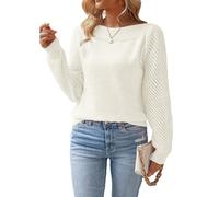 AWJUWHBJ Leichter, strukturierter Strickpullover für Damen, atmungsaktiver Stoff, mit Aushöhlung, langärmelig, Rundhalsausschnitt, einfarbig, weiß, M