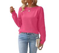 AWJUWHBJ Leichter, strukturierter Strickpullover für Damen, atmungsaktiver Stoff, mit Aushöhlung, langärmelig, Rundhalsausschnitt, einfarbig, fuchsia, XXL