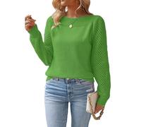 AWJUWHBJ Leichter, strukturierter Strickpullover für Damen, atmungsaktiver Stoff, mit Aushöhlung, langärmelig, Rundhalsausschnitt, einfarbig, grün, M