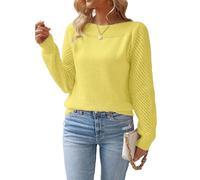AWJUWHBJ Leichter, strukturierter Strickpullover für Damen, atmungsaktiver Stoff, mit Aushöhlung, langärmelig, Rundhalsausschnitt, einfarbig, gelb, XXL
