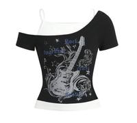 AWJUWHBJ Vintage Punk Rock Damen Schulterfrei T-Shirt Ästhetische Gitarre Grafik Kurzarm Fitted Fake Zweiteilige Crop Top Gothic Aesthetic Crop Top für Frauen