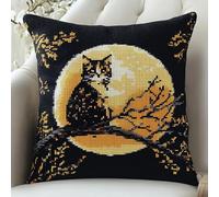 AxiangziK Nachtansicht Kreuzstich Set Vorgedruckt,Katze auf einem Ast,Gobelin Stickbilder Kreuzstich Kissen Set Stickkissen Kreuzstichkissen/Stickkissen-Set,45x45cm