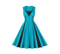 AXOE Damen 50er Jahre Kleid Rockabilly Vintage A-Linie Vichy-Dessin Festliches Cocktailkleid Elegante für Hochzeit Baumwolle Knielang Turquoise mit Gepunktet, Gr.48, 4XL