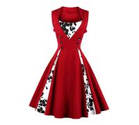 Axoe Damen 50er Jahre Vintage Kleid,Weinrot-blumen,4XL