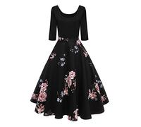 Axoe Damen A-Linie Kleid 60er Jahre Rockabilly mit Blumenrock 3/4 Ärmel Gr.36, Farbe 4, 4XL (50 EU)