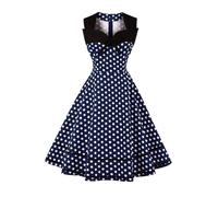 AXOE Damen Rockabilly Kleid 50er 60er Jahre Vintage Elegant Festlich Cocktailkleid für Hochzeitsgast Marineblau mit Weißen Punkten, Gr. 46, 3XL