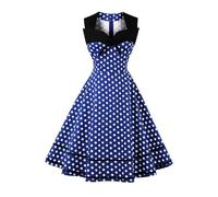 AXOE Damen Rockabilly Kleid 50er 60er Jahre Vintage Elegant Festlich Cocktailkleid für Hochzeitsgast Blau mit Weißen Punkten, Gr. 46, 3XL