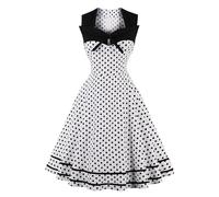 AXOE Damen Rockabilly Kleid 50er 60er Jahre Vintage Elegant Festlich Cocktailkleid für Hochzeitsgast Weiß mit Schwarzen Punkten, Gr. 46, 3XL