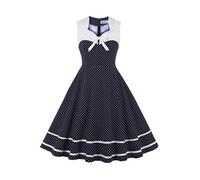 AXOE Damen Rockabilly Kleid 50er 60er Jahre Vintage Elegant Festlich Cocktailkleid für Hochzeitsgast Marineblau mit Weißen Gepunktet, Gr. 42, XL