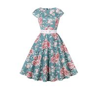 AXOE Damen Rockabilly Kleider 50er Jahre Baumwolle Gürtel Grün mit Blumenmuster F05, Gr.38, M