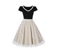 AXOE Damen Rockabilly Kleider Elegant Vintage 50er Jahre Cocktailkleid Swing Petticoat Kurzarm Knielang Hochzeitsgast Beige Schwarz Polka Dots F03, Gr.44, XXL