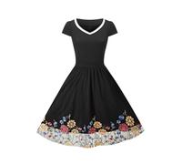 AXOE Damen Rockabilly Kleider Elegant Vintage 50er Jahre Cocktailkleid Swing Petticoat Kurzarm Knielang Hochzeitsgast Schwarz mit Gestickter Blumenmuster F09, Gr.46, 3XL