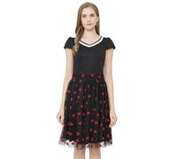 AXOE Damen Rockabilly Kleider Elegant Vintage 50er Jahre Cocktailkleid Swing Petticoat Kurzarm Knielang Hochzeitsgast Schwarz mit Rot Herzmuster F08, Gr.36, S