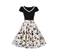 AXOE Damen Rockabilly Kleider Festliche Rock n Roll Tüllkleid A Linie Cocktailkleid Hochzeitsgast Beige Schwarz Geblümtes F01, Gr.46, 3XL