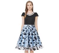 AXOE Damen Rockabilly Kleider Festliche Rock n Roll Tüllkleid A Linie Cocktailkleid Hochzeitsgast Blau Schwarz Geblümtes F02, Gr.46, 3XL