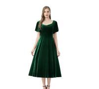 AXOE Damen Samtkleid Midi Abendkleid Elegant für Hochzeit Festliches Cocktailkleid Kurz Ärmel Grün, Gr.36, S