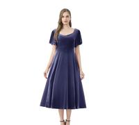 AXOE Damen Samtkleid Midi Abendkleid Elegant für Hochzeit Festliches Cocktailkleid Kurz Ärmel Marineblau, Gr.44, XXL