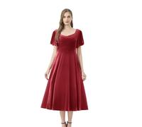 AXOE Damen Samtkleid Midi Abendkleid Elegant für Hochzeit Festliches Cocktailkleid Kurz Ärmel Rot, Gr.46, 3XL