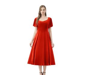 AXOE Damen Samtkleid Midi Abendkleid Elegant für Hochzeit Festliches Cocktailkleid Kurz Ärmel Terracotta, Gr.42, XL