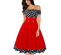 AXOE Damen Schulterfrei Kleid 50er Jahre Rockabilly A-Linie Elastischer Hals Kurzarm für Festliche Party Sommer Schwarz mit Weiß Gepunket, Gr.38, M