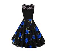 AXOE Damen Vintage Kleider Rockabilly 50er 60er Jahre Blumenkleider mit Spitze Ärmellos Festlich Elegant für Mollige Frauen, Hochzeit Schwarz mit Blau Rose F3B, Gr.42, L