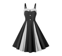 AXOE Damen Vintage Trägerkleid mit Kontrast-Pünktchen Design 50er Jahre Retro Sonnenkleid Elastische Rückenpartie Adjustierbare Träger Sommerkleid für Freizeit Urlaub Schwarz, Gr.38 (EU 40), L