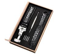 AXTGBHL Muster Leder Uhrenarmbänder Edelstahl Butterfly Schnalle 18mm 20mm 22mm 24mm Business Armband mit Geschenkbox(Black-silver,18mm)