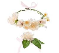 axy Blumenkranz Diadem Haarkranz Damen Mädchen (Blumenkranz und Blumenarmband als Set), Verstellbarer für Hochzeit Karneval Festival Blumen Haarreifen Stirnband Haarband Haarschmuck (Beige)