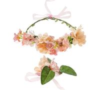 axy Blumenkranz Diadem Haarkranz Damen Mädchen (Blumenkranz und Blumenarmband als Set), Verstellbarer für Hochzeit Karneval Festival Blumen Haarreifen Stirnband Haarband Haarschmuck (Pfirsich)