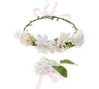 axy Blumenkranz Diadem Haarkranz Damen Mädchen (Blumenkranz und Blumenarmband als Set), Verstellbarer für Hochzeit Karneval Festival Blumen Haarreifen Stirnband Haarband Haarschmuck (Weiss)