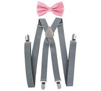 axy Herren Hosenträger mit Fliege - 4 Starken Clips X-Form (Grau (Hosenträger Breit 2,5cm)+Pinke Fliege)