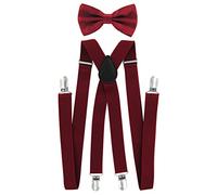 axy Herren Hosenträger mit Fliege - 4 Starken Clips X-Form (Weinrot (Hosenträger Breit 2,5cm))