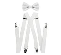 axy® Herren Hosenträger mit Fliege - 4 Starken Clips X-Form (Weiss (Hosenträger Breit 2,5cm))