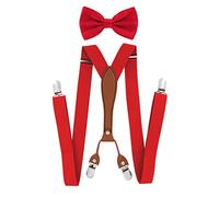 axy Herren Hosenträger mit Fliege im 2er Set Breit 2,5 cm X-Form und 4 Starken Clips PU25 (Rot)