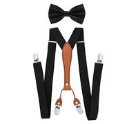 axy Herren Hosenträger mit Fliege im 2er Set Breit 2,5 cm X-Form und 4 Starken Clips PU25 (Schwarz)