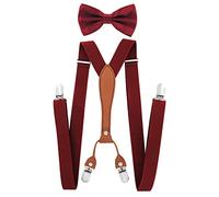 axy Herren Hosenträger mit Fliege im 2er Set Breit 2,5 cm X-Form und 4 Starken Clips PU25 (Weinrot)