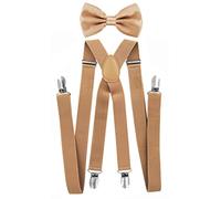 axy Hochwertige Herren Hosenträger mit Fliege - 4 Starken Clips X-Form (Beige (Hosenträger Breit 2,5cm))