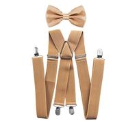 axy® Hochwertige Herren Hosenträger mit Fliege - 4 Starken Clips X-Form (Beige (Hosenträger Breit 3,5cm))