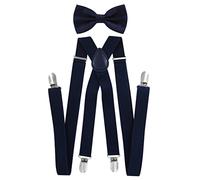 axy Hochwertige Herren Hosenträger mit Fliege - 4 Starken Clips X-Form (Dunkelblau (Hosenträger Breit 2,5cm))