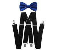 axy Hochwertige Herren Schwarze Hosenträger mit Fliege-4 Starken Clips X-Form-3,5cm breit (Schwarze Hosenträger + Blaue Fliege)