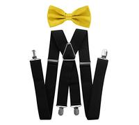 axy Hochwertige Herren Schwarze Hosenträger mit Fliege-4 Starken Clips X-Form-3,5cm breit (Schwarze Hosenträger + Goldene Fliege)