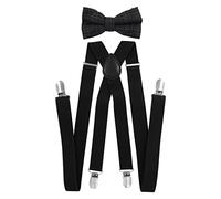 axy Hochwertige Herren Schwarze Hosenträger mit Fliege Set- 4 Starken Clips X-Form-2,5cm breit (Schwarze Hosenträger + Fliege Modell 5)